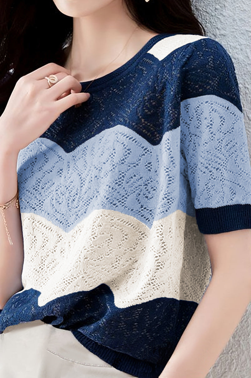 Color Blocked Hollowed Knitted Short Sleeve Shirt
