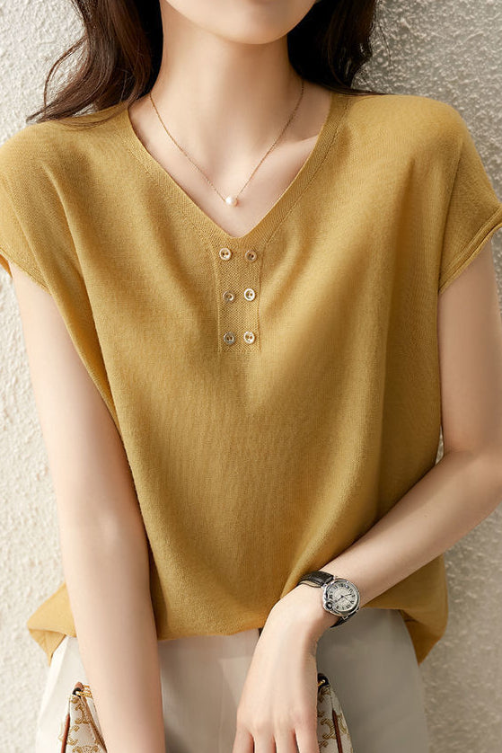 V-neck Solid Color Knitted T-shirt