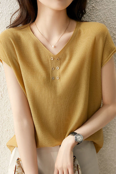 V-neck Solid Color Knitted T-shirt