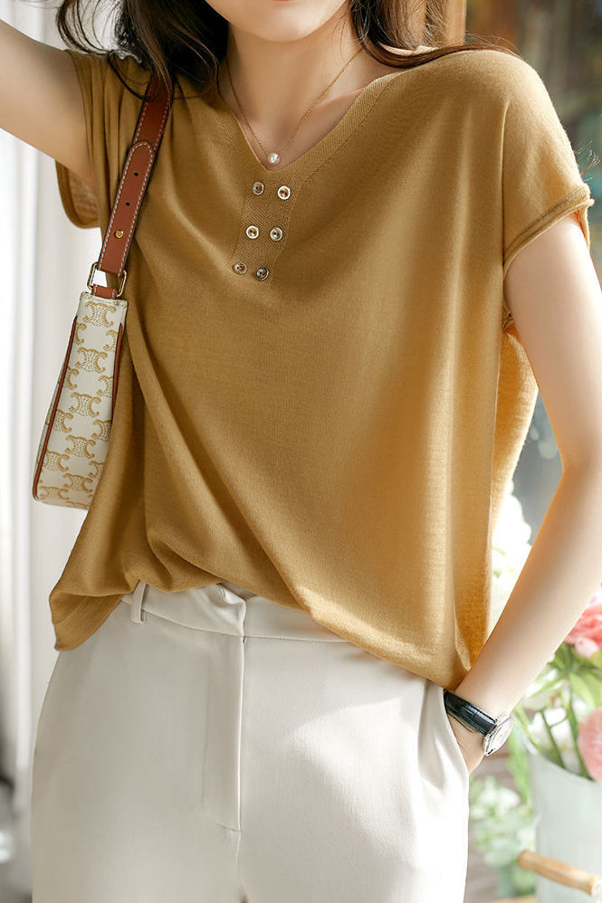 V-neck Solid Color Knitted T-shirt