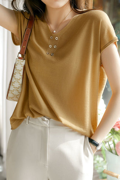 V-neck Solid Color Knitted T-shirt