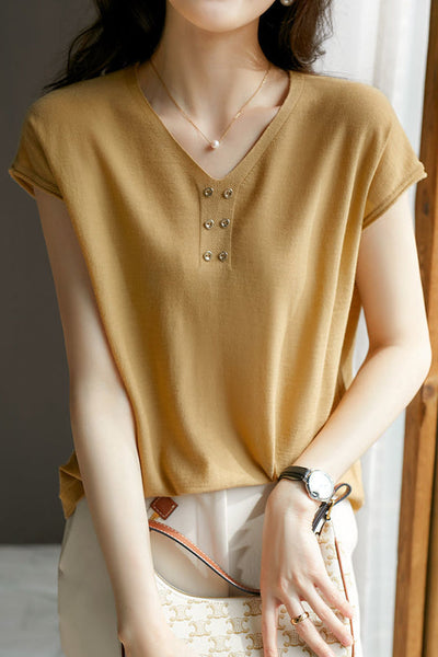 V-neck Solid Color Knitted T-shirt