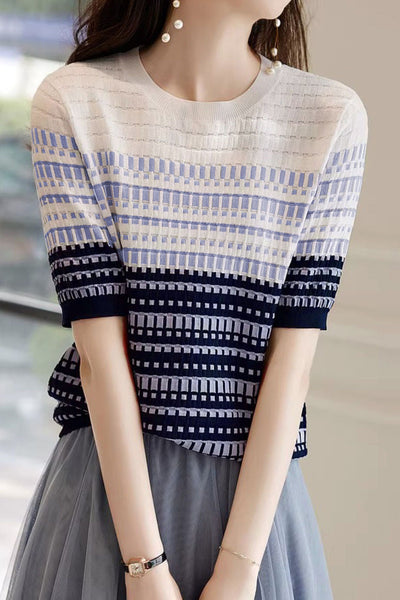 Color Blocked Checked Knitted T-shirt