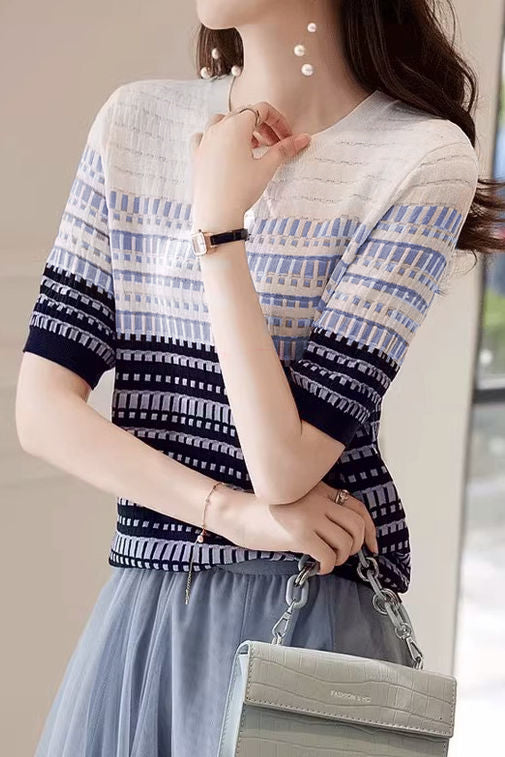 Color Blocked Checked Knitted T-shirt