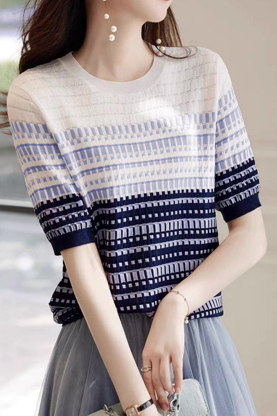 Color Blocked Checked Knitted T-shirt