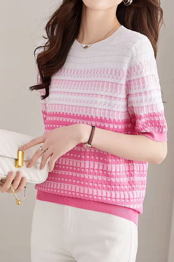 Color Blocked Checked Knitted T-shirt