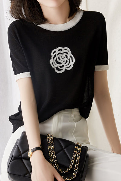 Round Neck Color Blocked Floral Knitted T-shirt