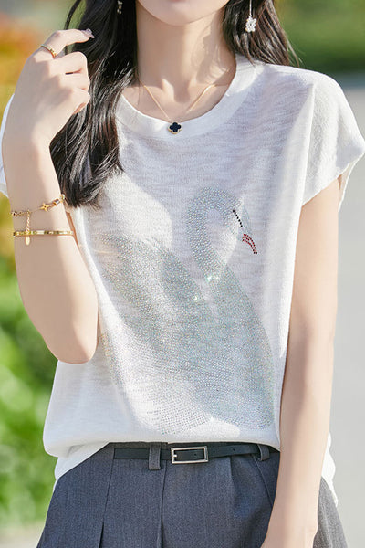 Stylish Swan Rhinestone Embellished T-shirt