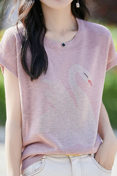 Stylish Swan Rhinestone Embellished T-shirt