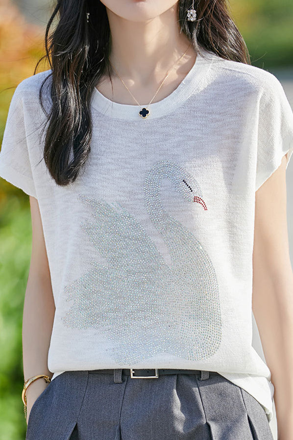 Stylish Swan Rhinestone Embellished T-shirt
