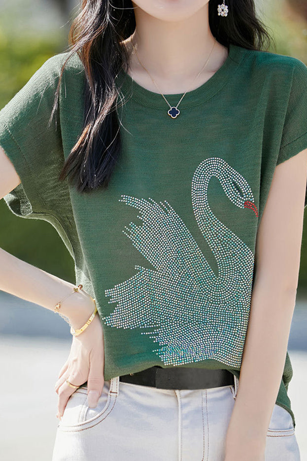Stylish Swan Rhinestone Embellished T-shirt