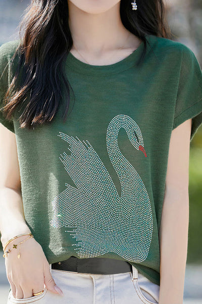 Stylish Swan Rhinestone Embellished T-shirt