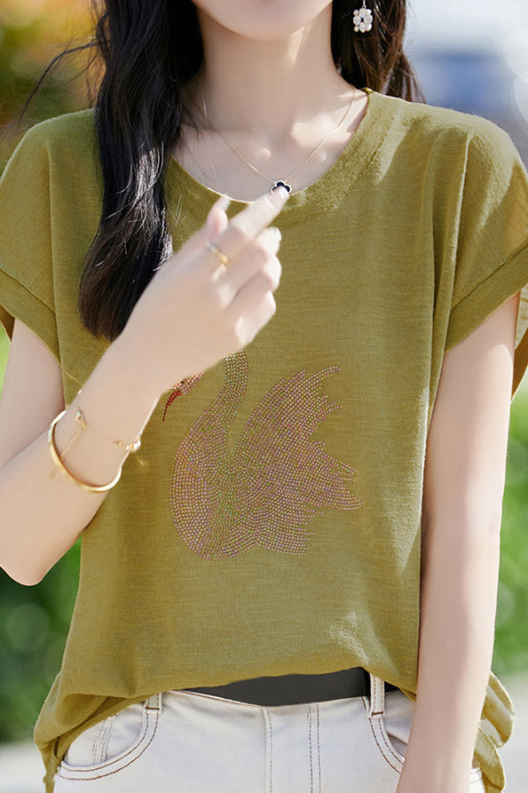 Stylish Swan Rhinestone Embellished T-shirt