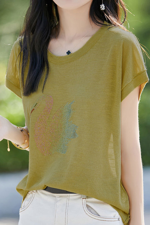 Stylish Swan Rhinestone Embellished T-shirt