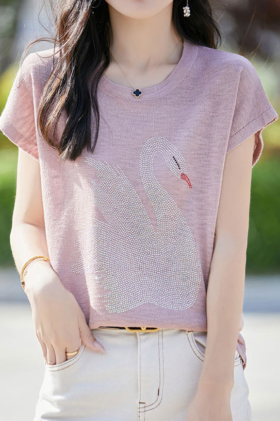 Stylish Swan Rhinestone Embellished T-shirt
