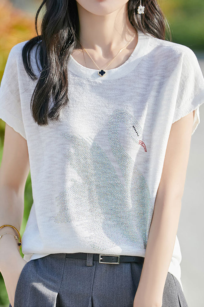 Stylish Swan Rhinestone Embellished T-shirt