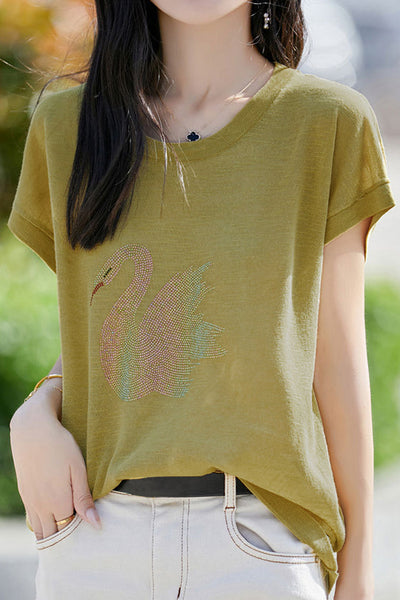 Stylish Swan Rhinestone Embellished T-shirt