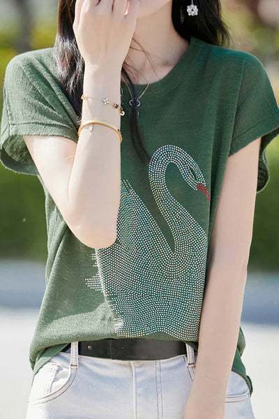 Stylish Swan Rhinestone Embellished T-shirt