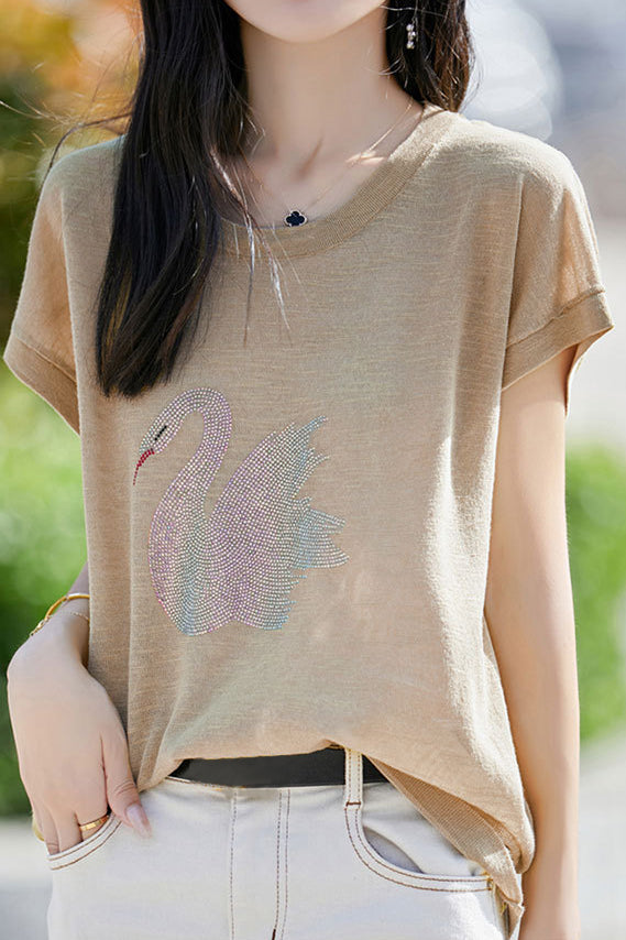 Stylish Swan Rhinestone Embellished T-shirt