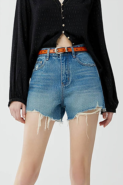 High-waisted Denim Shorts with Frayed Edges