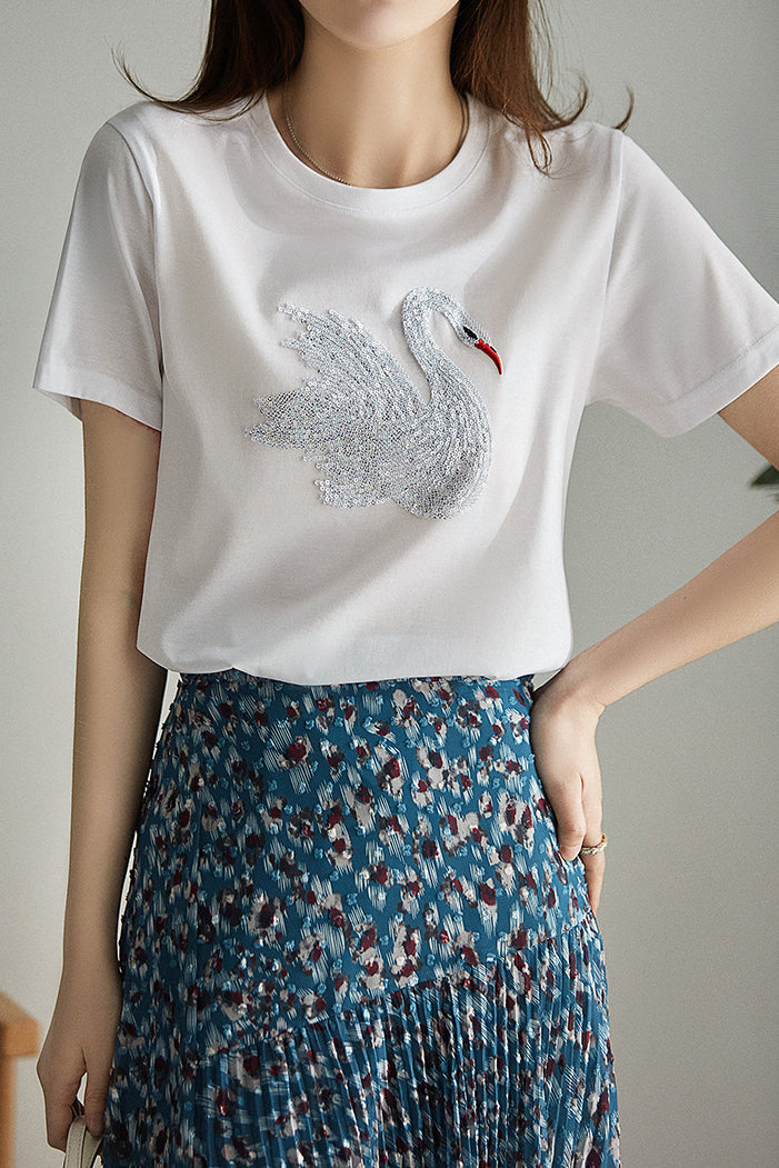Elegant Swan Sequin T-Shirt