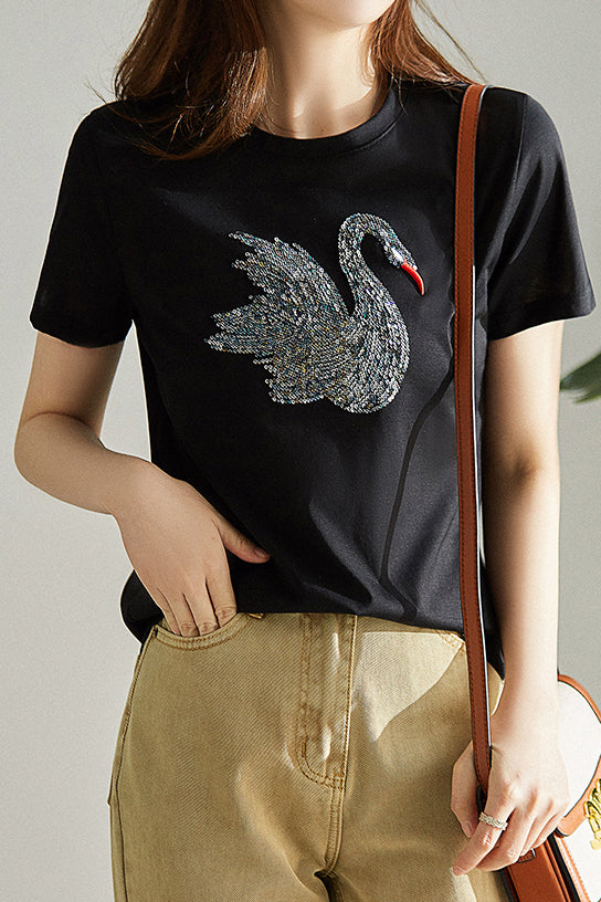 Elegant Swan Sequin T-Shirt