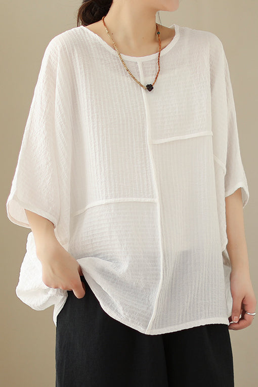 Loose Batwing Sleeve Linen-Look T-Shirt