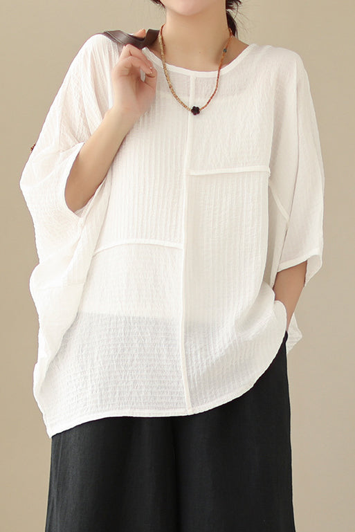 Loose Batwing Sleeve Linen-Look T-Shirt