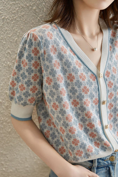 Retro Jacquard V-Neck Short Knit Cardigan