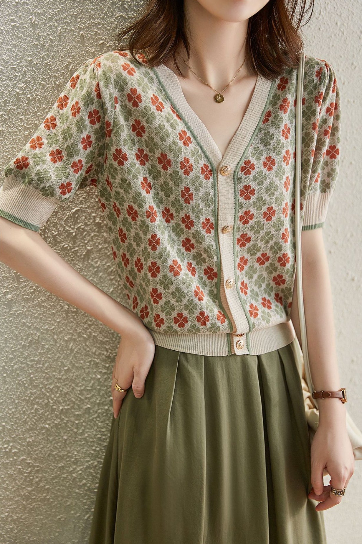 Retro Jacquard V-Neck Short Knit Cardigan