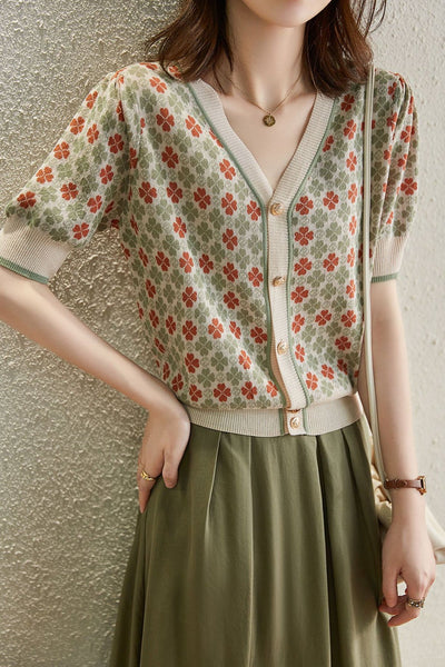 Retro Jacquard V-Neck Short Knit Cardigan
