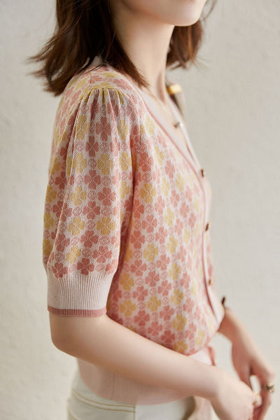 Retro Jacquard V-Neck Short Knit Cardigan
