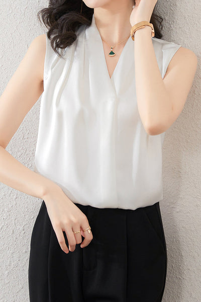 Simple V-Neck Sleeveless Satin Blouse