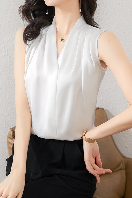 Simple V-Neck Sleeveless Satin Blouse