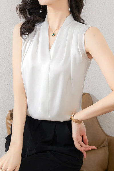 Simple V-Neck Sleeveless Satin Blouse