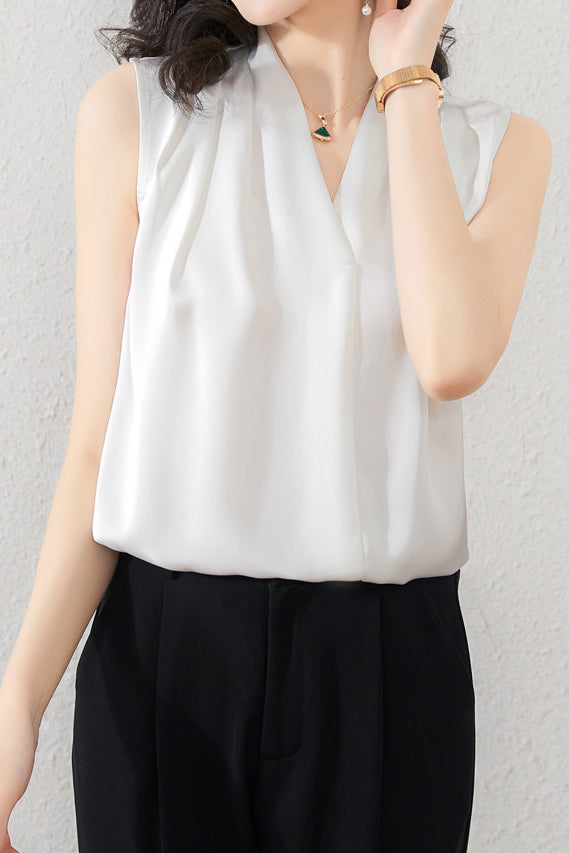 Simple V-Neck Sleeveless Satin Blouse