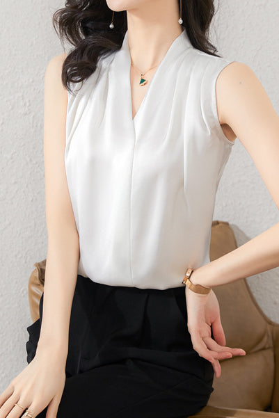 Simple V-Neck Sleeveless Satin Blouse