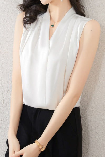 Simple V-Neck Sleeveless Satin Blouse