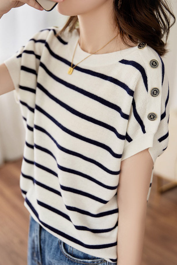 Striped Ice Silk Knit Short-Sleeve