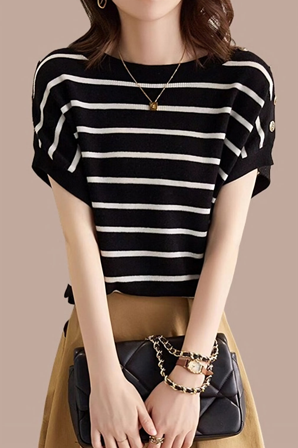 Striped Ice Silk Knit Short-Sleeve