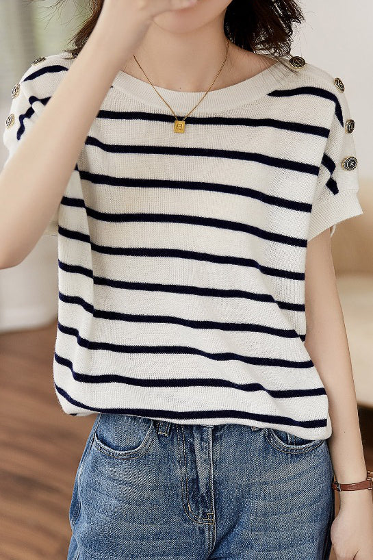 Striped Ice Silk Knit Short-Sleeve