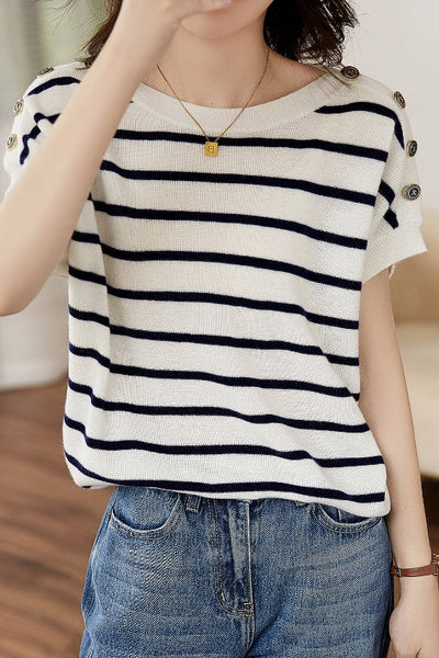 Striped Ice Silk Knit Short-Sleeve