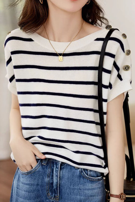 Striped Ice Silk Knit Short-Sleeve