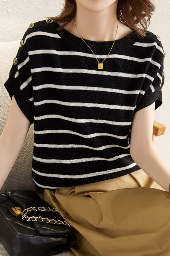 Striped Ice Silk Knit Short-Sleeve