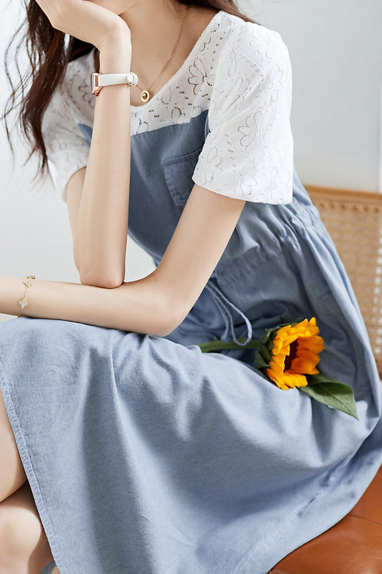 Lace Splicing Denim Dress