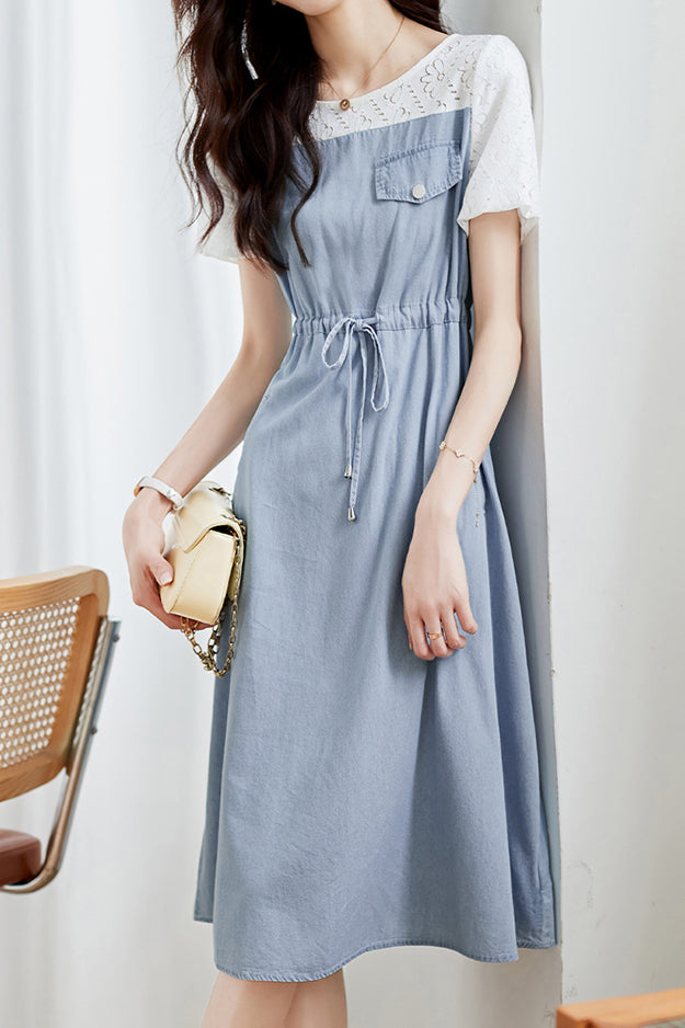 Lace Splicing Denim Dress