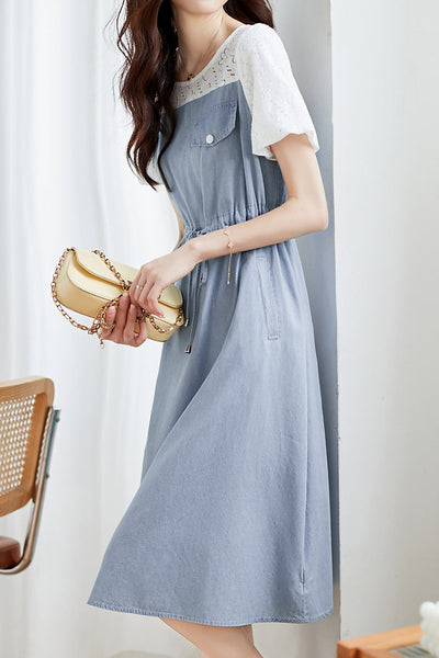 Lace Splicing Denim Dress