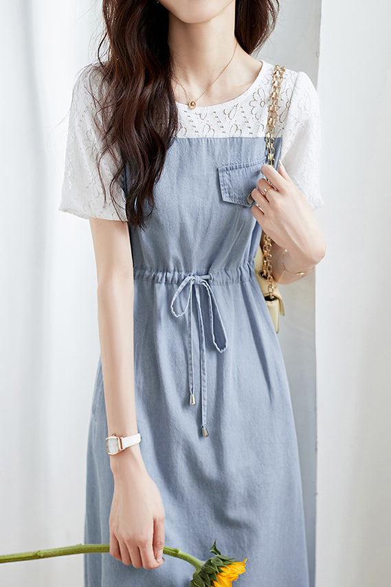 Lace Splicing Denim Dress