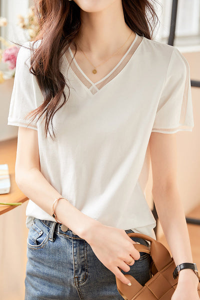 Elegant Versatile V-neck White Short-sleeve T-shirt