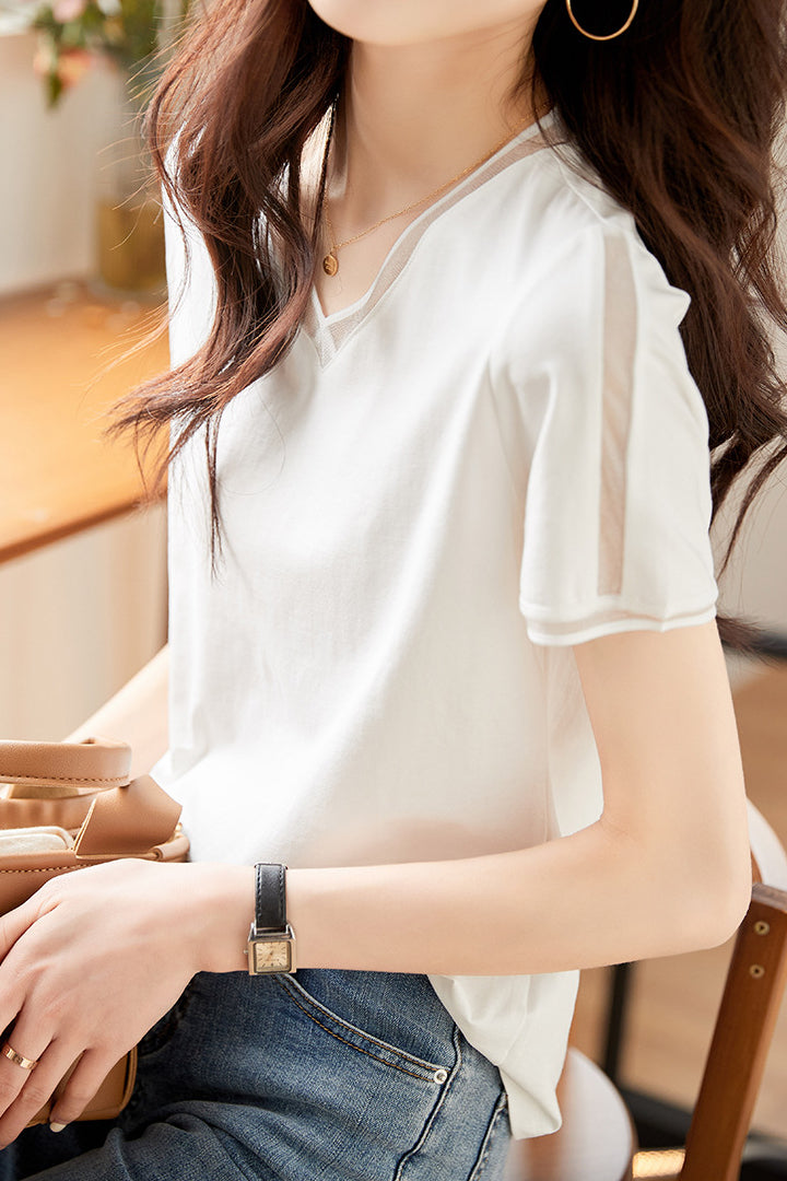 Elegant Versatile V-neck White Short-sleeve T-shirt